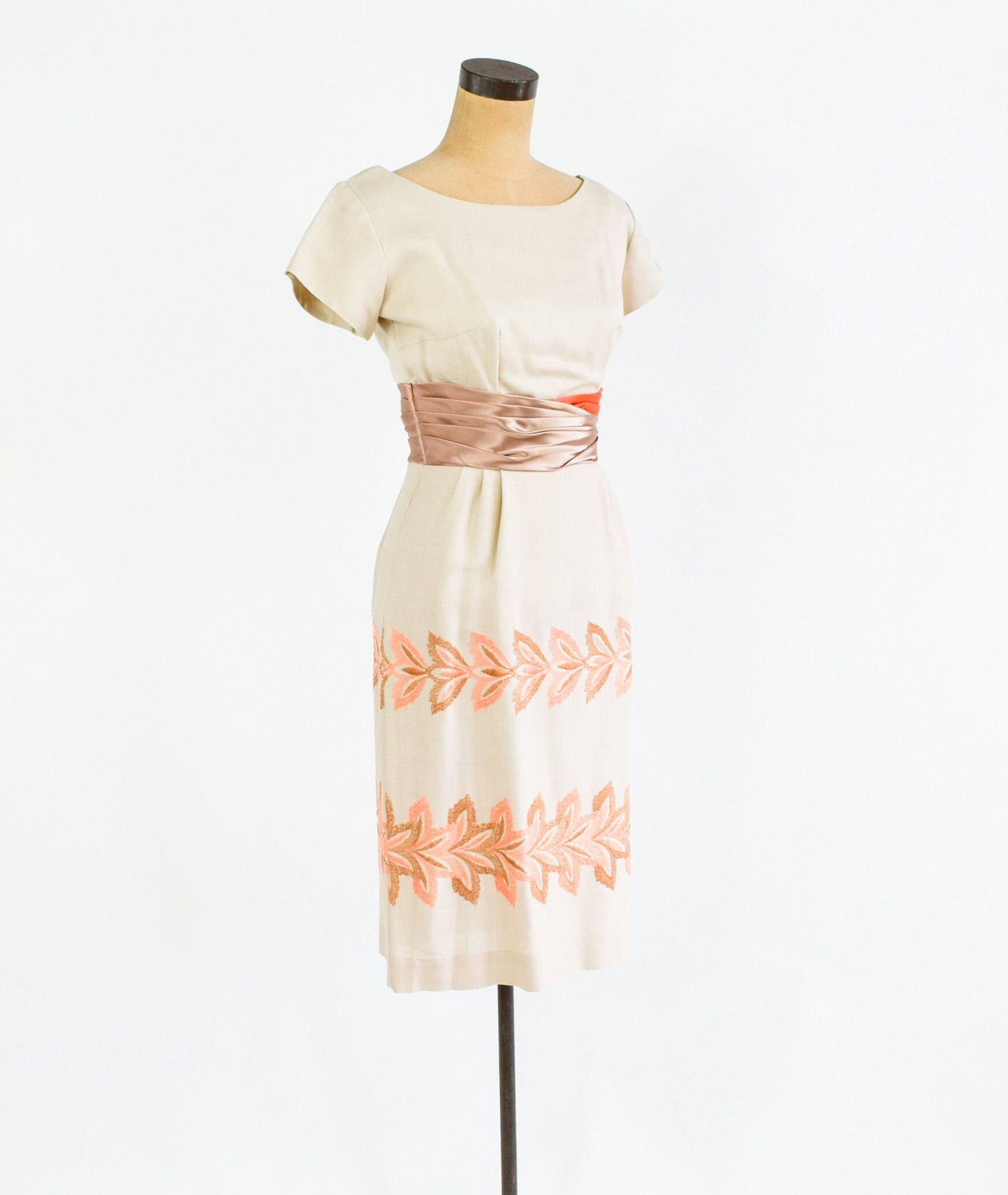 1950s Beige Floral Embroidered Dress | Taupe Sheath Dress, Small