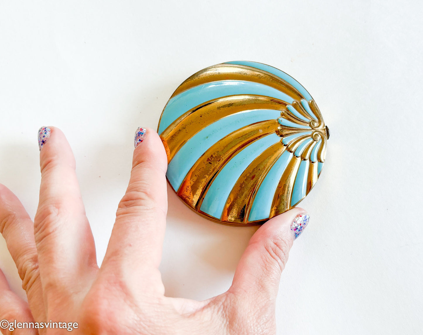 1930s Blue & Gold Vintage Compact, Turquoise Enamel Compact
