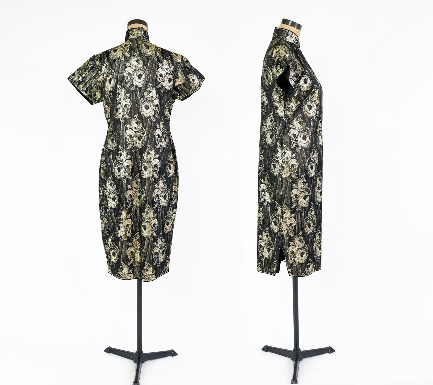 1950s Black Gold Metallic Brocade Cheongsam Dress and Matching Jacket, Large