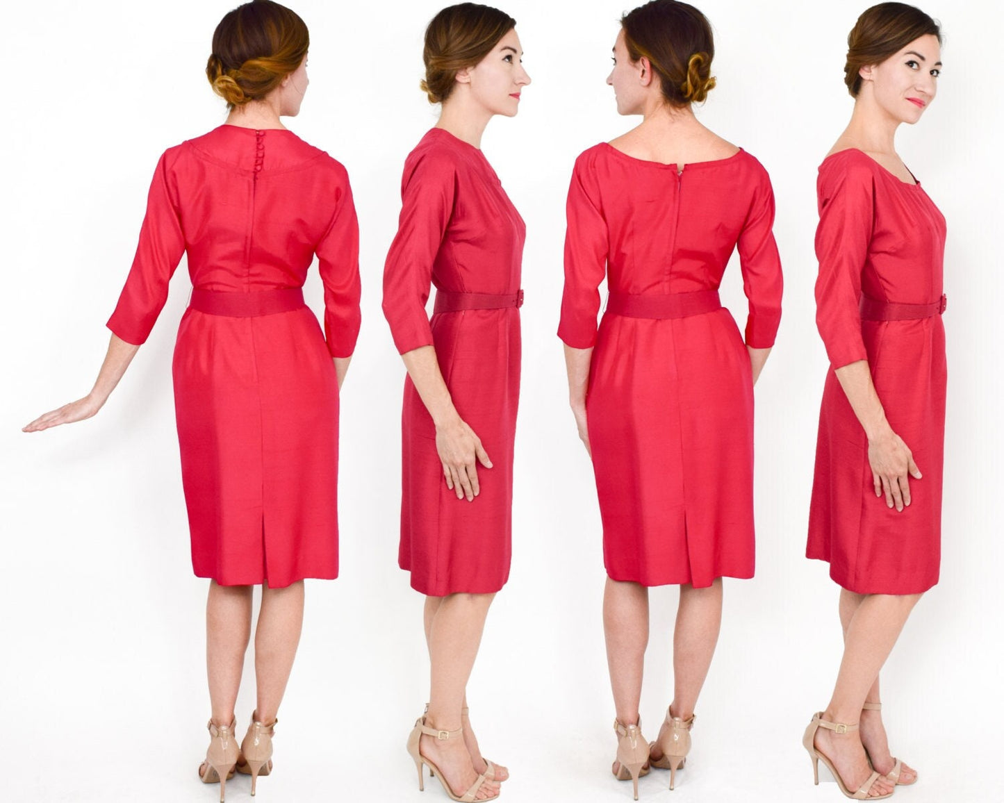 1950s Pink Silk Cocktail Dress with Convertible Collar, Extra Small