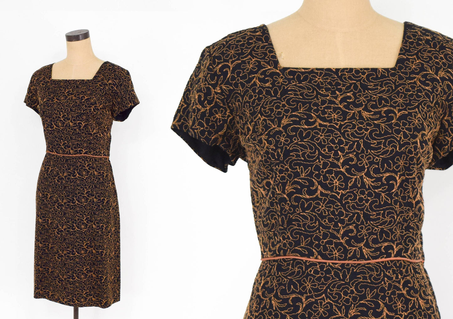 1940s Black & Brown Embroidered Cotton Dress, Large