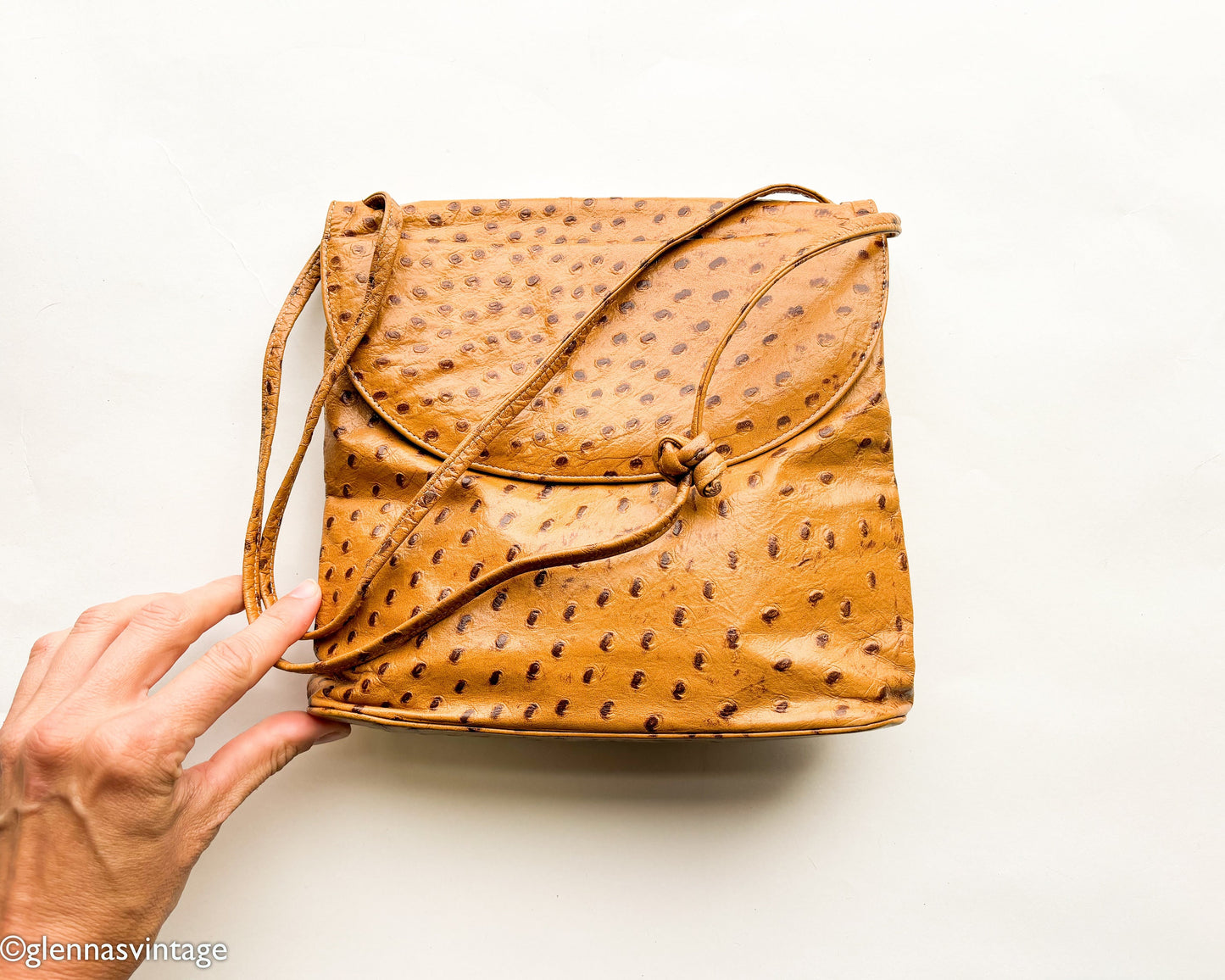 1980s Ostrich Embossed Leather Shoulder Bag | 80s Ostrich Carmel Leather Purse