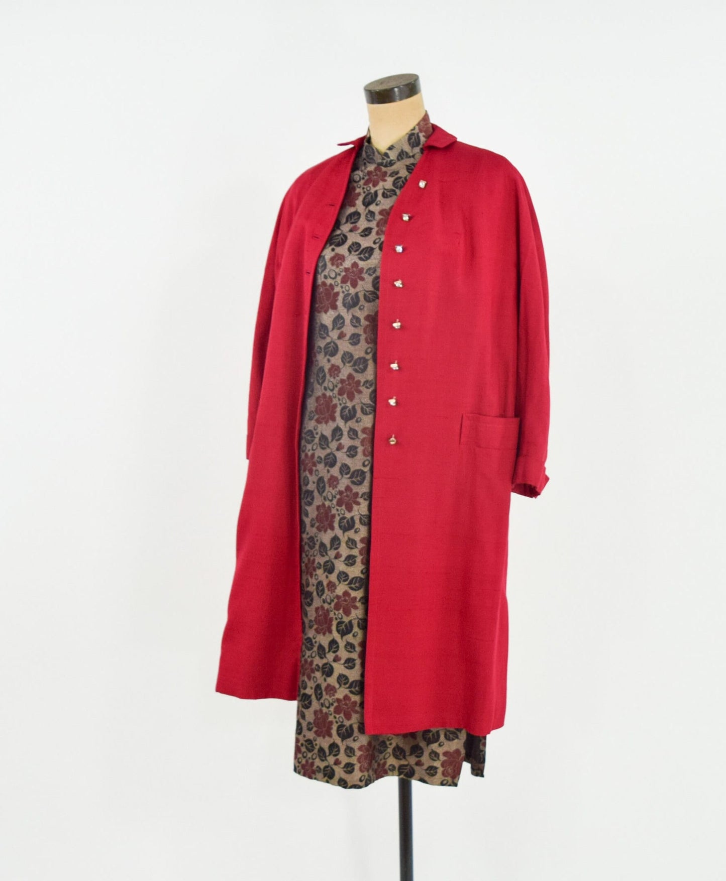 1950s Red Silk Evening Coat | 50s Red Raw Silk Evening Coat | Lou Johnson | Large