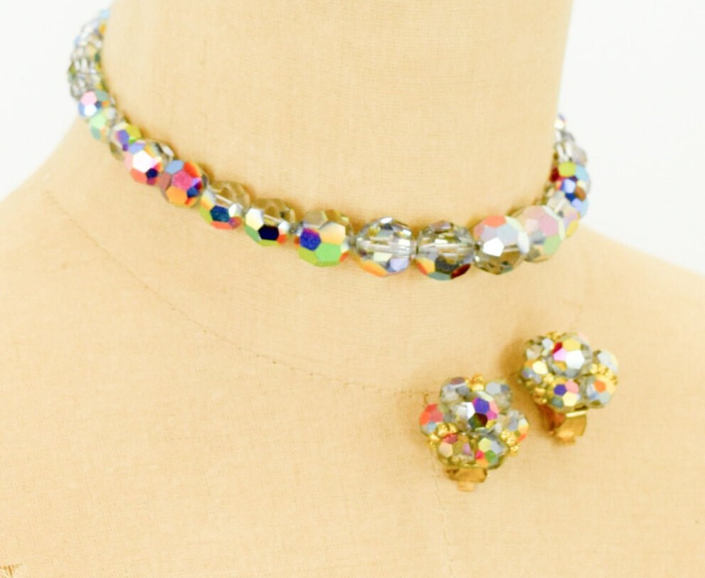 1960s Bronze Aurora Borealis Crystal Necklace & Earrings Set | 60s Gold Faceted Crystal Choker Set