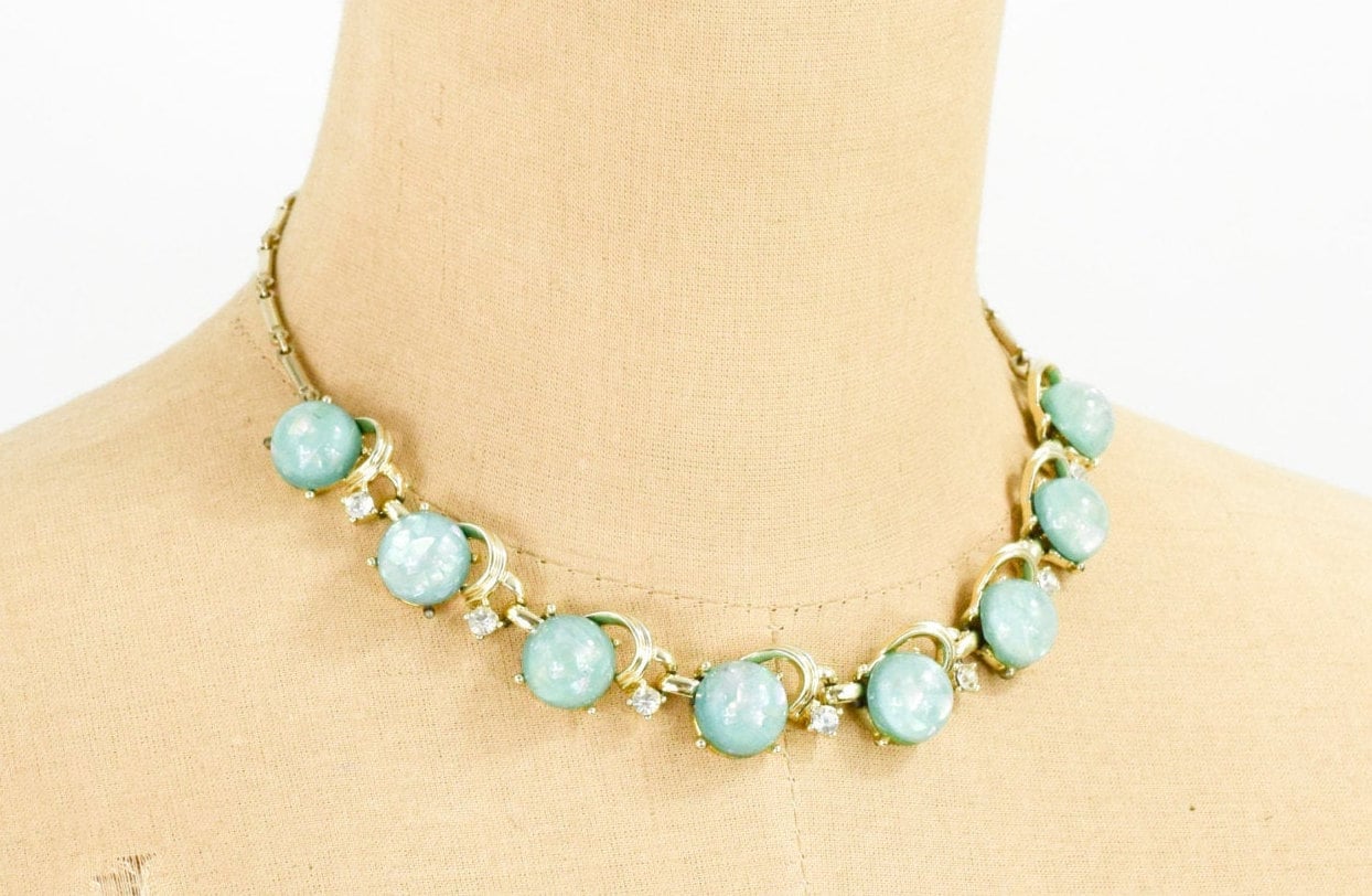Coro Blue Lucite & Rhinestone Necklace | Turquoise Plastic Choker