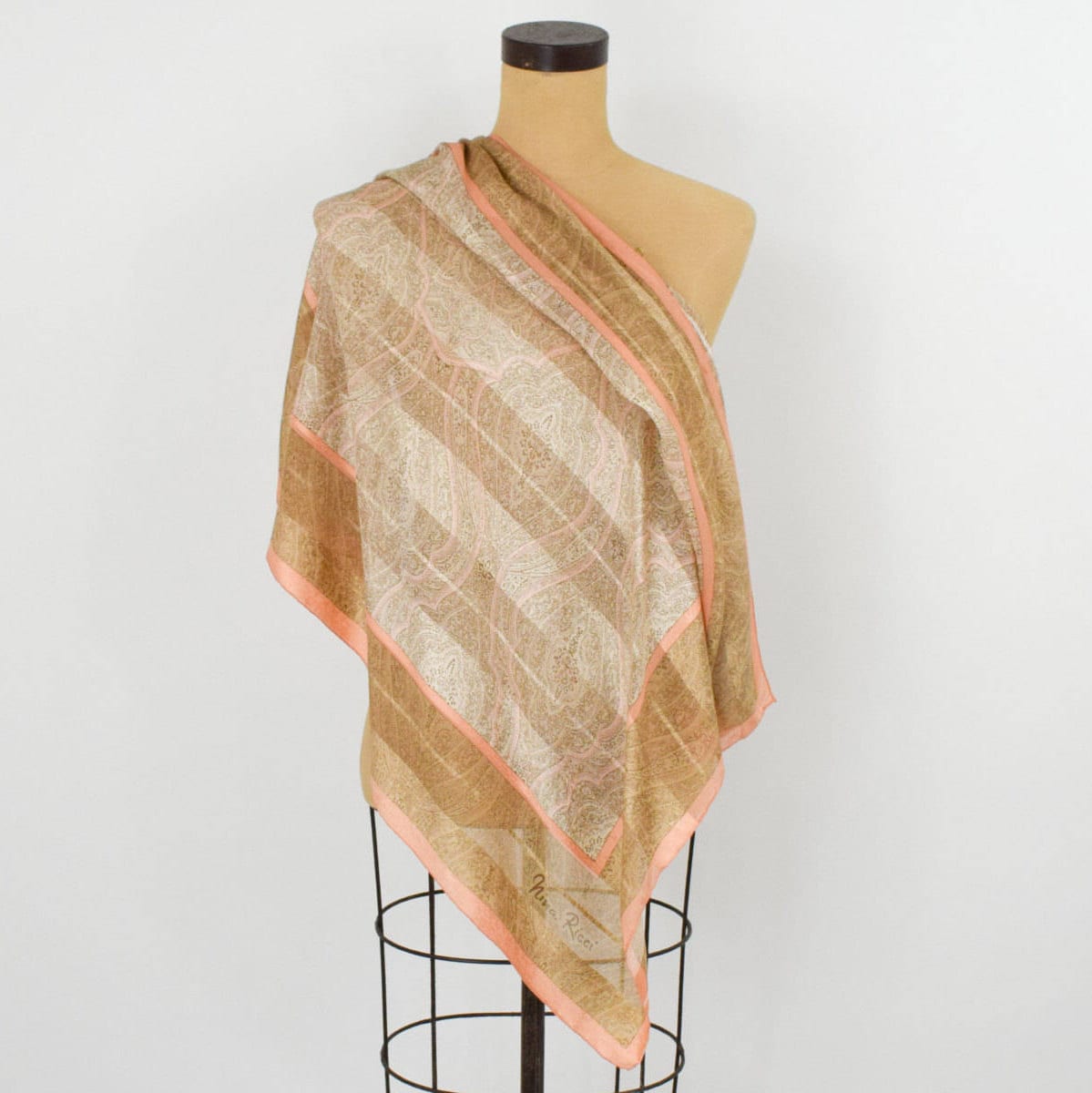 1980s Nina Ricci Beige & Pastel Striped Silk Scarf Headscarf