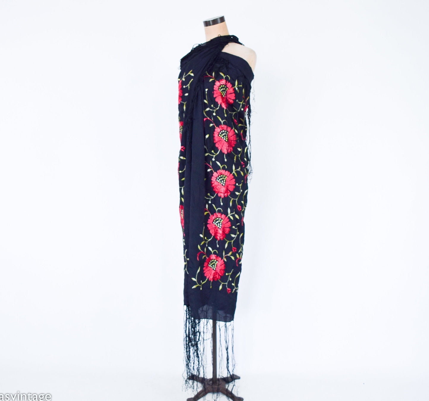 1910s Black & Red Embroidered Silk Piano Shawl Scarf
