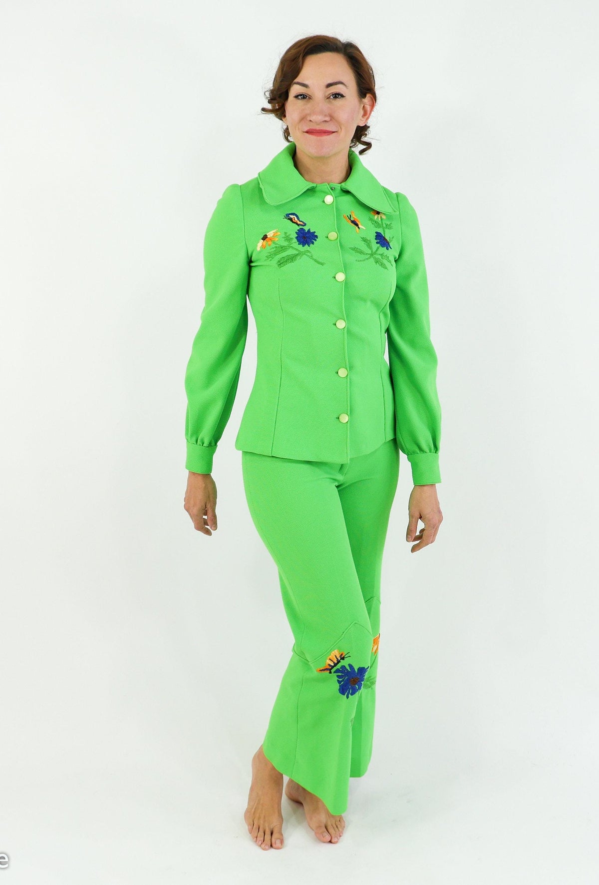 1970s Bright Green Polyester Pantsuit, Top & Pants Set, Small