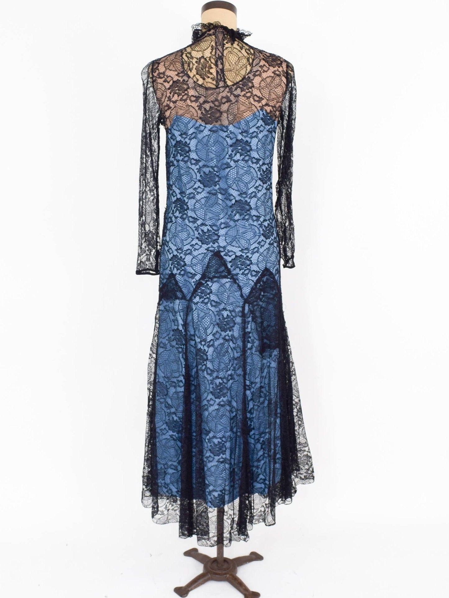 1930s Blue Black Lace Evening Dress, Small