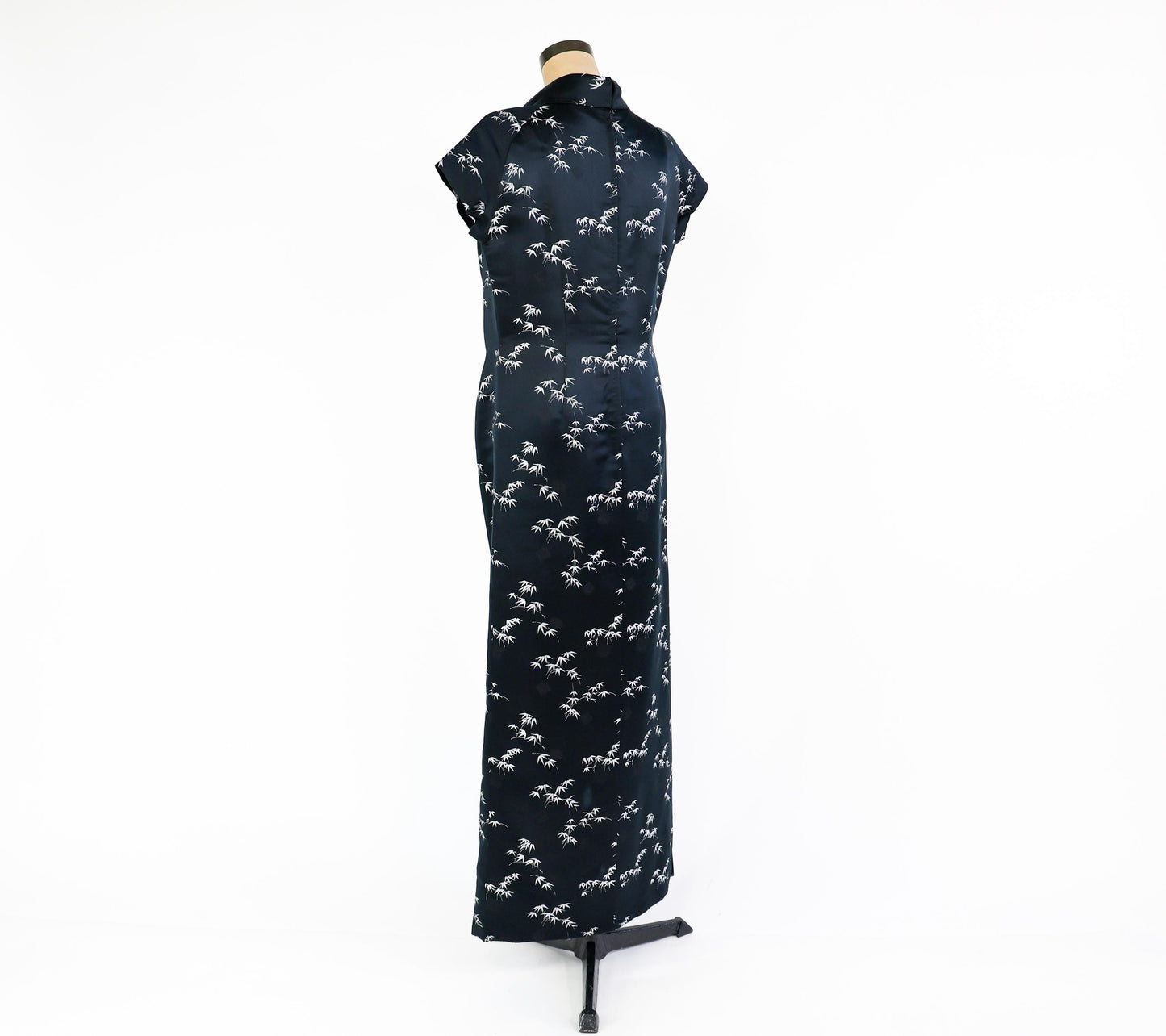 1950s Black & Silver Silk Evening Dress, Long Cheongsam Style Evening Dress, Large