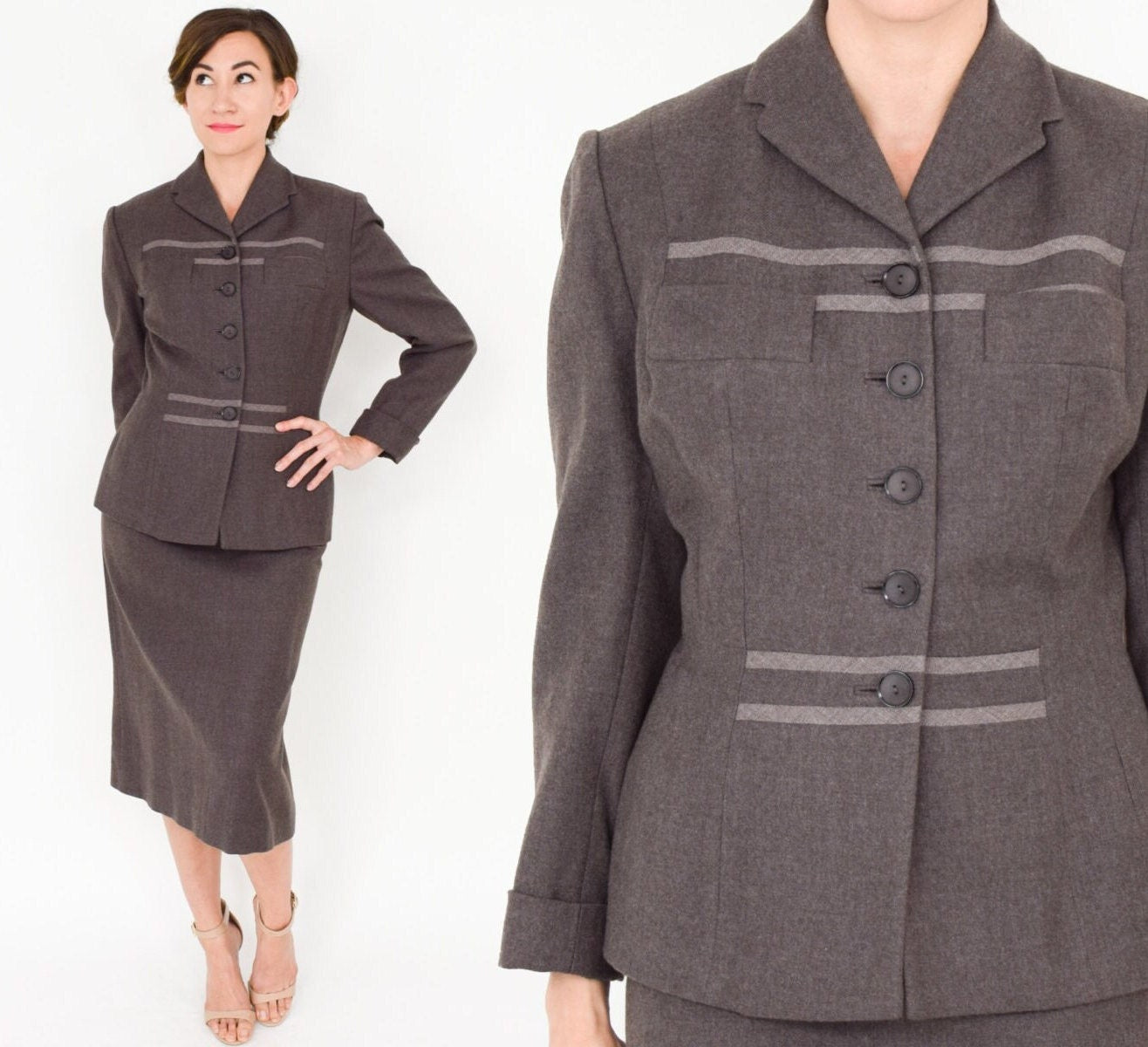 1950s BrownStriped Wool Skirt Suit Set, Small