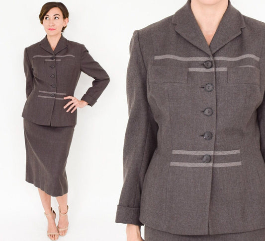 1950s BrownStriped Wool Skirt Suit Set, Small