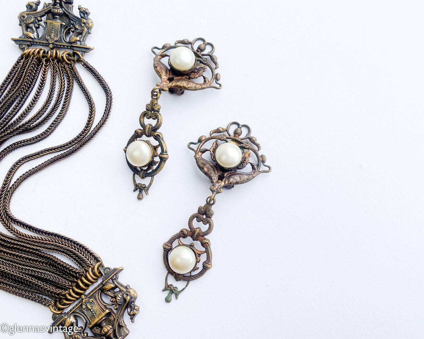 1930s Bronze Chain Bracelet & Pearl Clip Earrings, Art Nouveau Jewelry Set