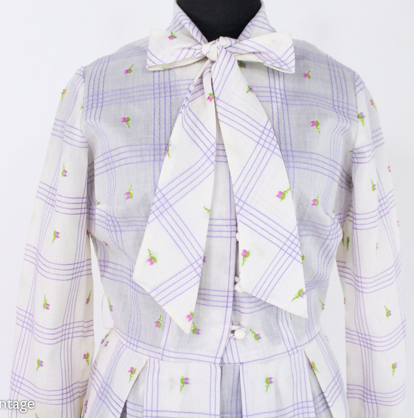 1950s White & Lavender Plaid Shirtwaist, Medium