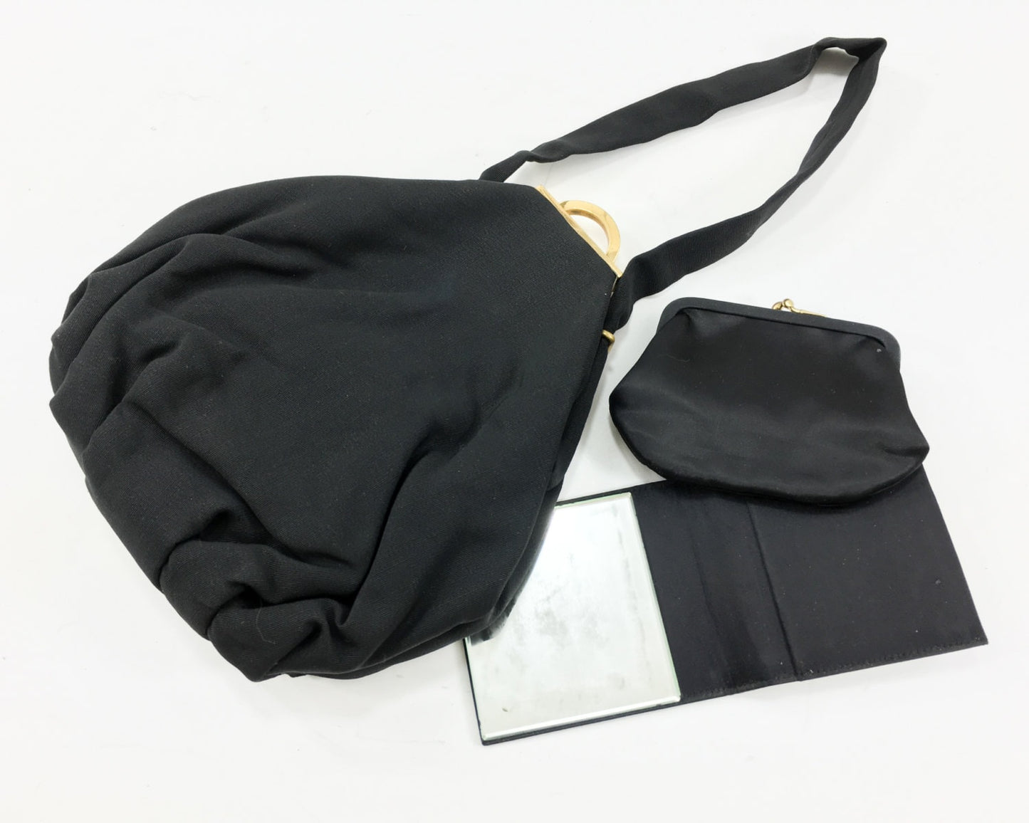 1940s Black Faille Handbag | 40s Black Handbag & Matching Coin Purse and Mirror