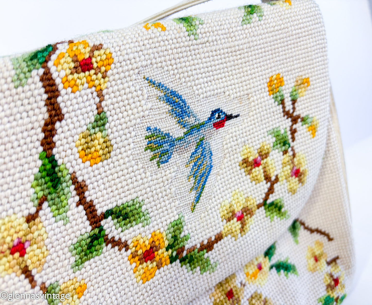 1960s Creme Needlepoint Shoulder Bag | 60s Beige Birds & Flowers Needlepoint Purse