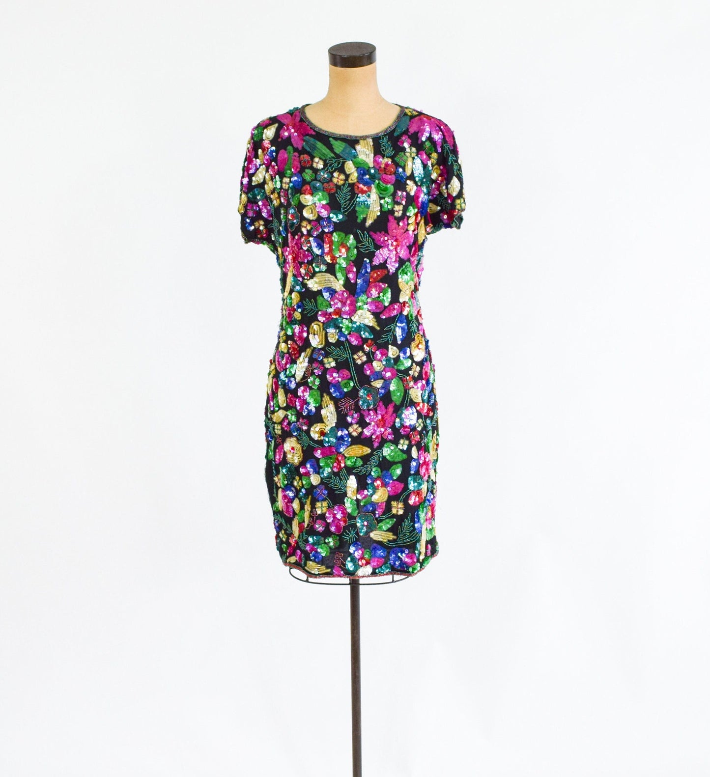1980s Colorful Floral Sequin Party Dress, Small