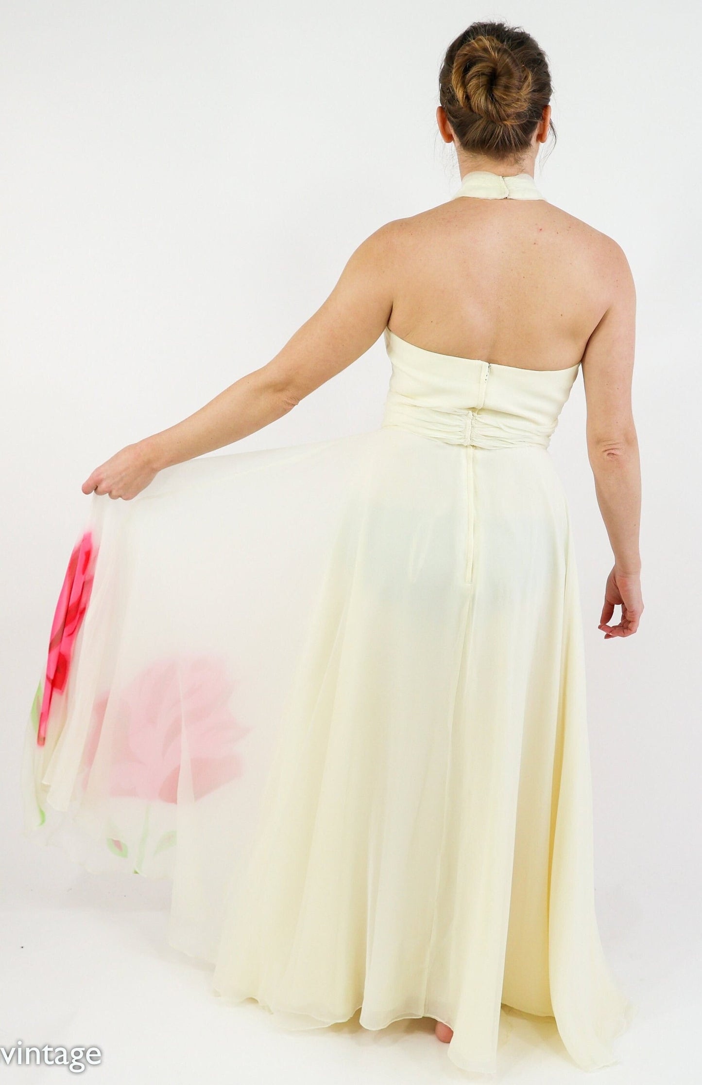 1950s Creme & Pink Silk Floral Evening Dress, Small