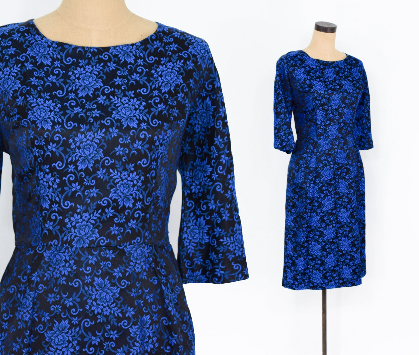 1950s Royal Blue Floral Brocade Party Dress, Medium