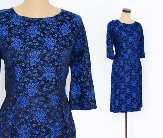 1950s Royal Blue Floral Brocade Party Dress, Medium