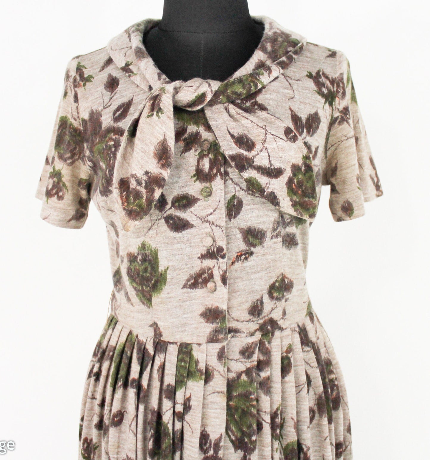 1950s Beige & Brown Floral Print Wool Dress, Small