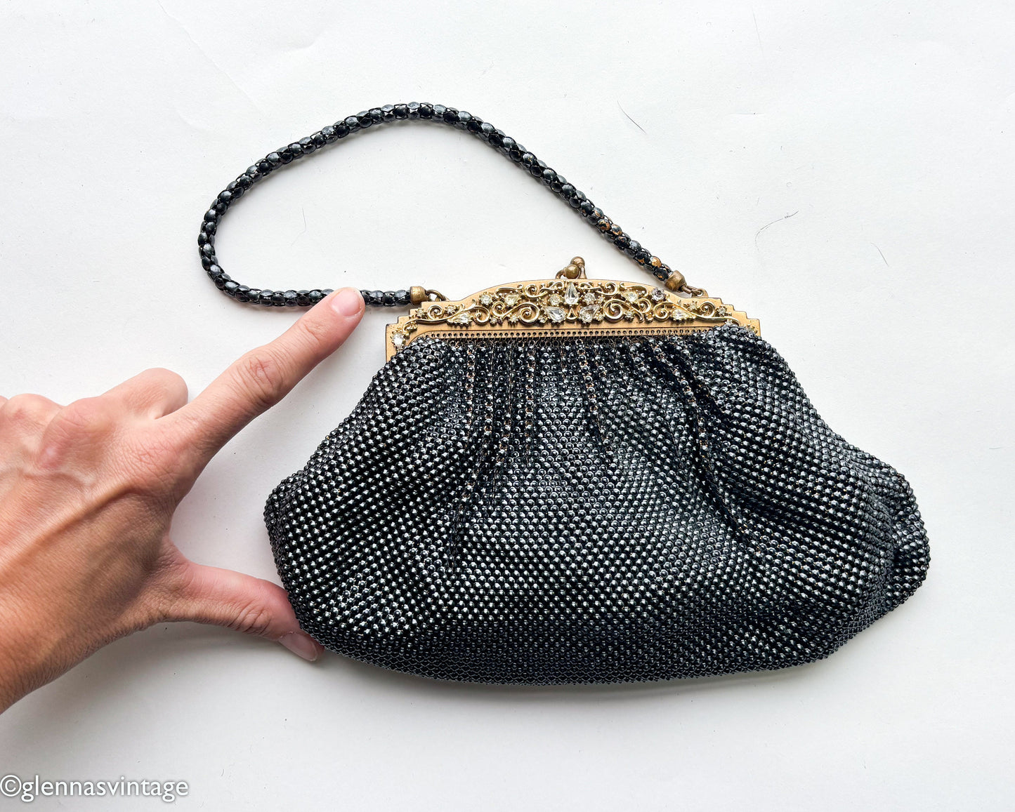 1930s Whiting & Davis Black Mesh Handbag | Rhinestone Evening Bag