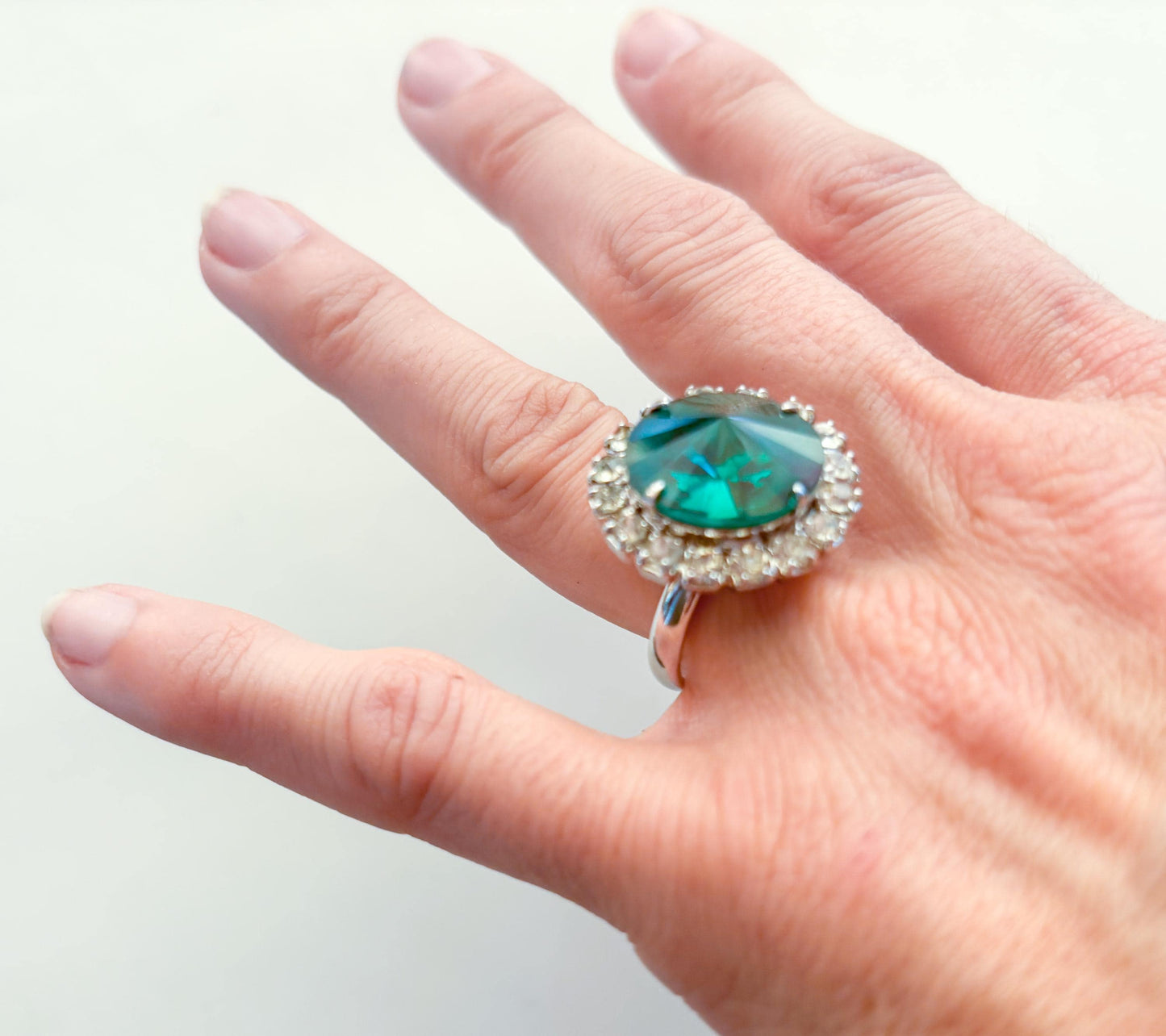 1950s Green Cocktail Ring, Vintage Adjustable Rhinestone Ring