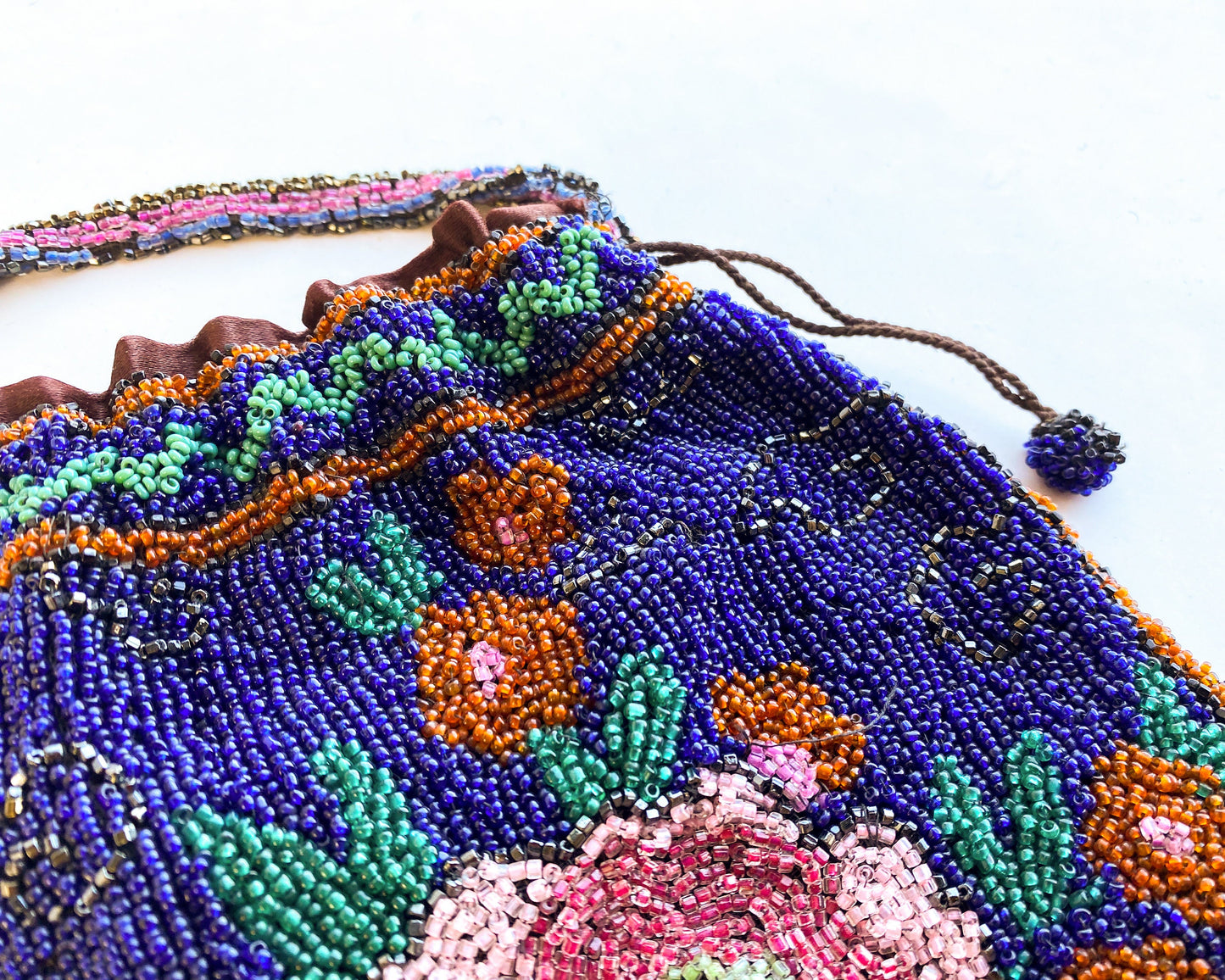1900s Blue Floral Beaded Evening Bag | Blue & Pink Flower Beaded Handbag | Gustus Katz