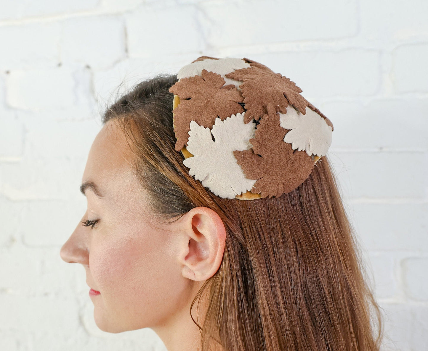 1950s Brown & Beige Felt Leaf Fascinator Hat Headpiece