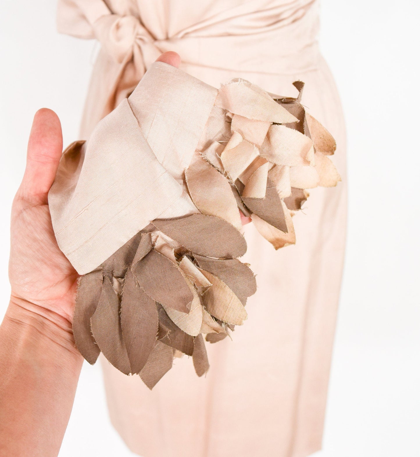 1950s Flutter Collar Creme Silk Sheath Dress, Medium