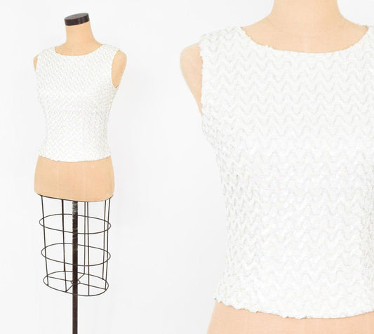 1950s White Sleeveless Beaded Top Shell, Extra Small