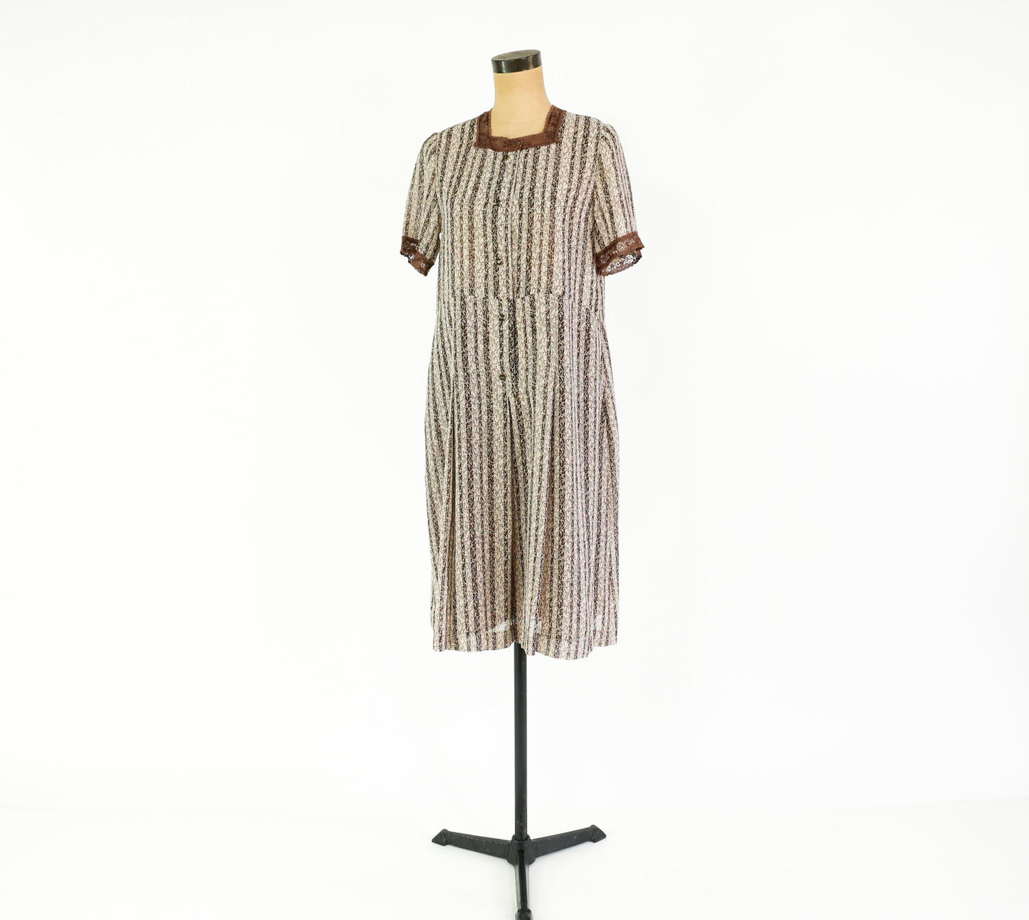 1940s Brown Striped Day Dress, Extra Large