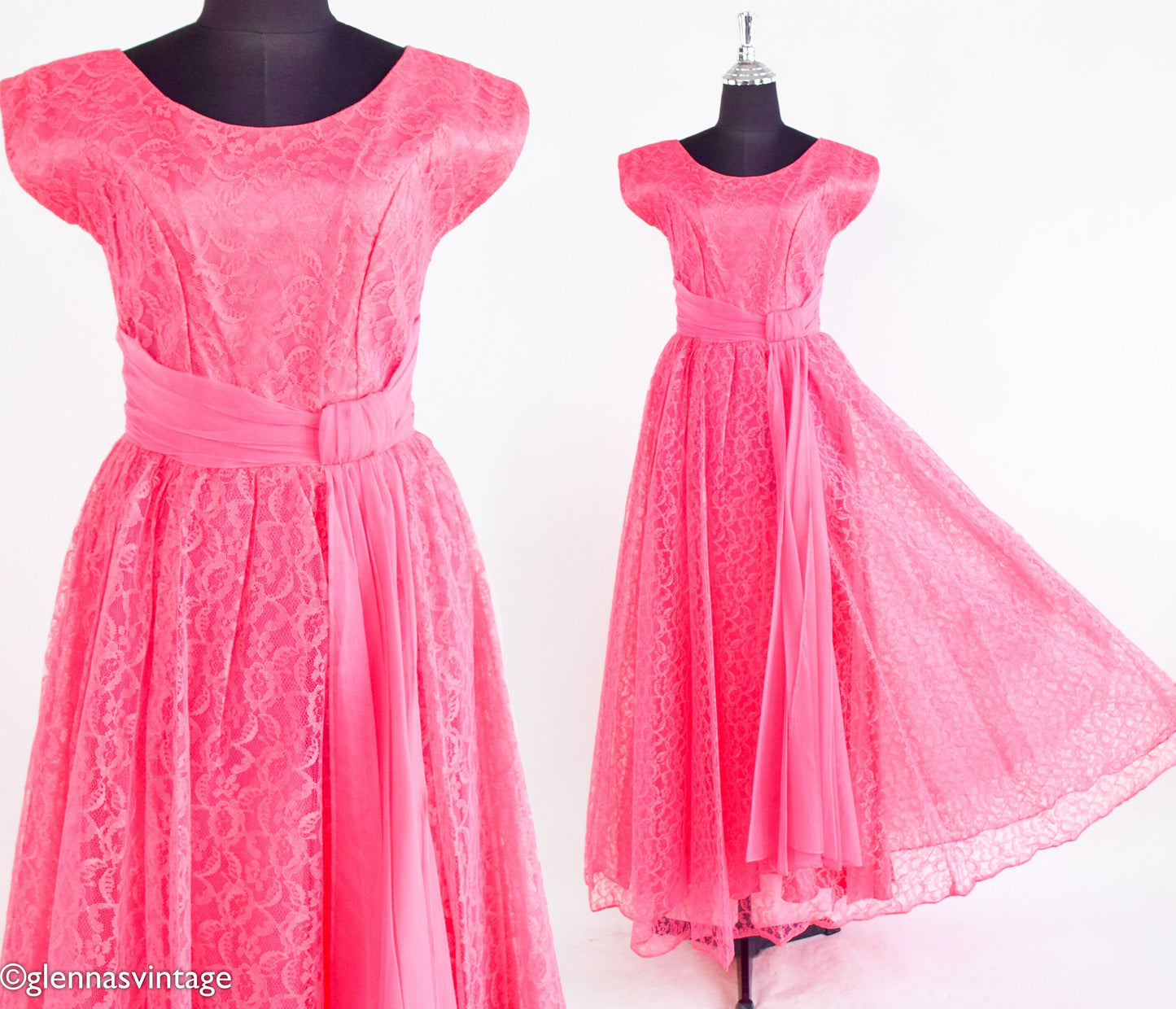 1950s Pink Lace Evening Dress | 50s Pink Lace Formal | Bubblegum Pink Maxi Dress | XS
