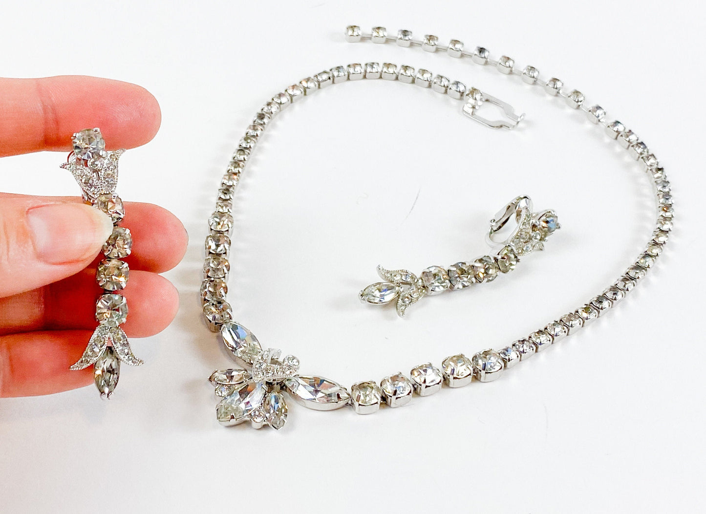 Eisenberg | 1950s Rhinestone Necklace & Earrings Set | 50s Rhinestone Pendant Necklace | Matching Earrings | Eisenberg E