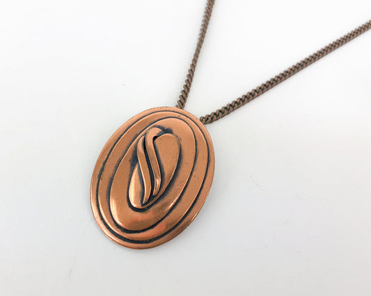 1960s Copper Pendent Necklace | 60s Modern Pendant Pin Necklace | Rosyln Hoffman