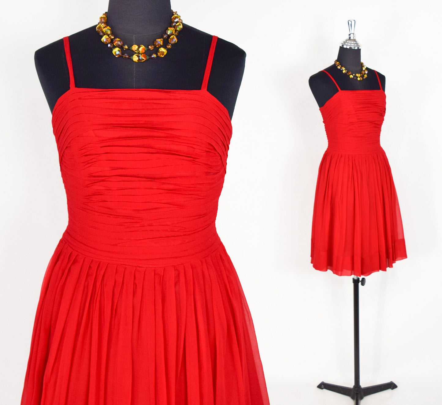 1950s Red Chiffon Party Dress with Pleated Bodice, Extra Small