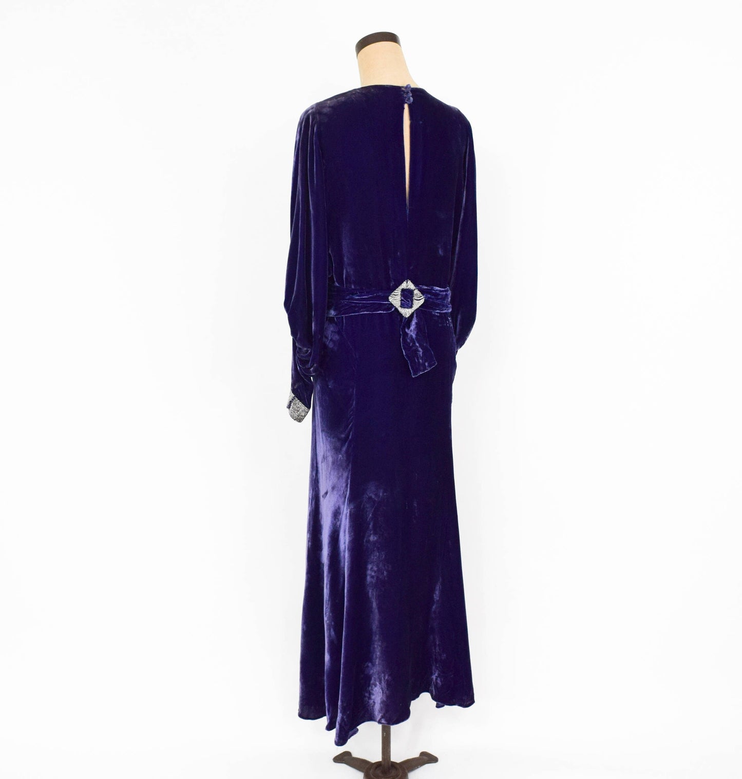 1900s Purple Silk Velvet Gown, Beaded Evening Dress, Medium Large