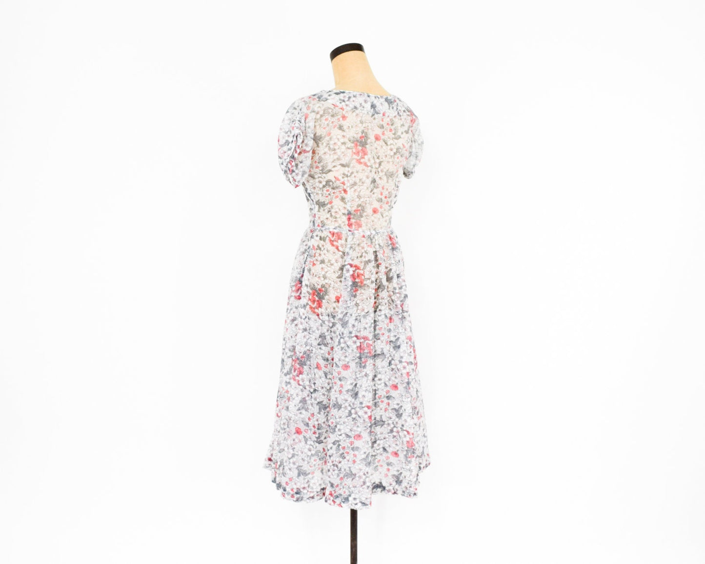 1950s White Pink Gray Floral Nylon Dress, Medium