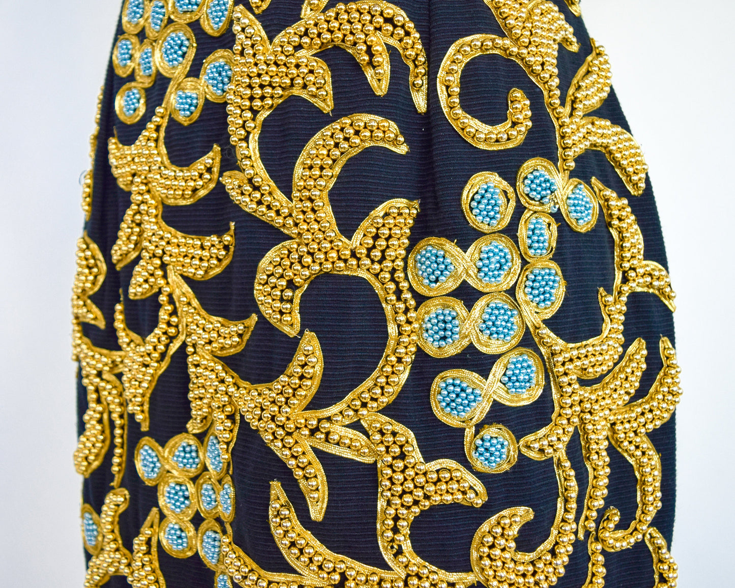 Bill Blass | 1980s Black & Gold Beaded Cocktail Dress | 80s Gold Beaded Black Sheath Dress | Bill Blass | Small