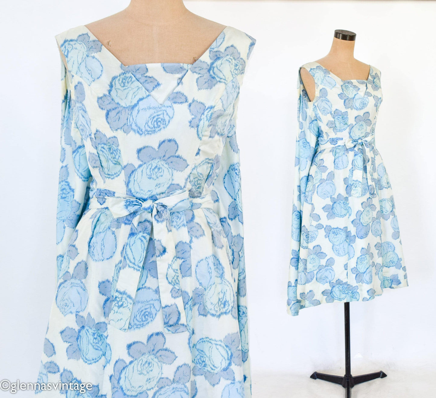 1950s Blue Rose Print Silk Dress with Full Cape Back, XS Extra Small
