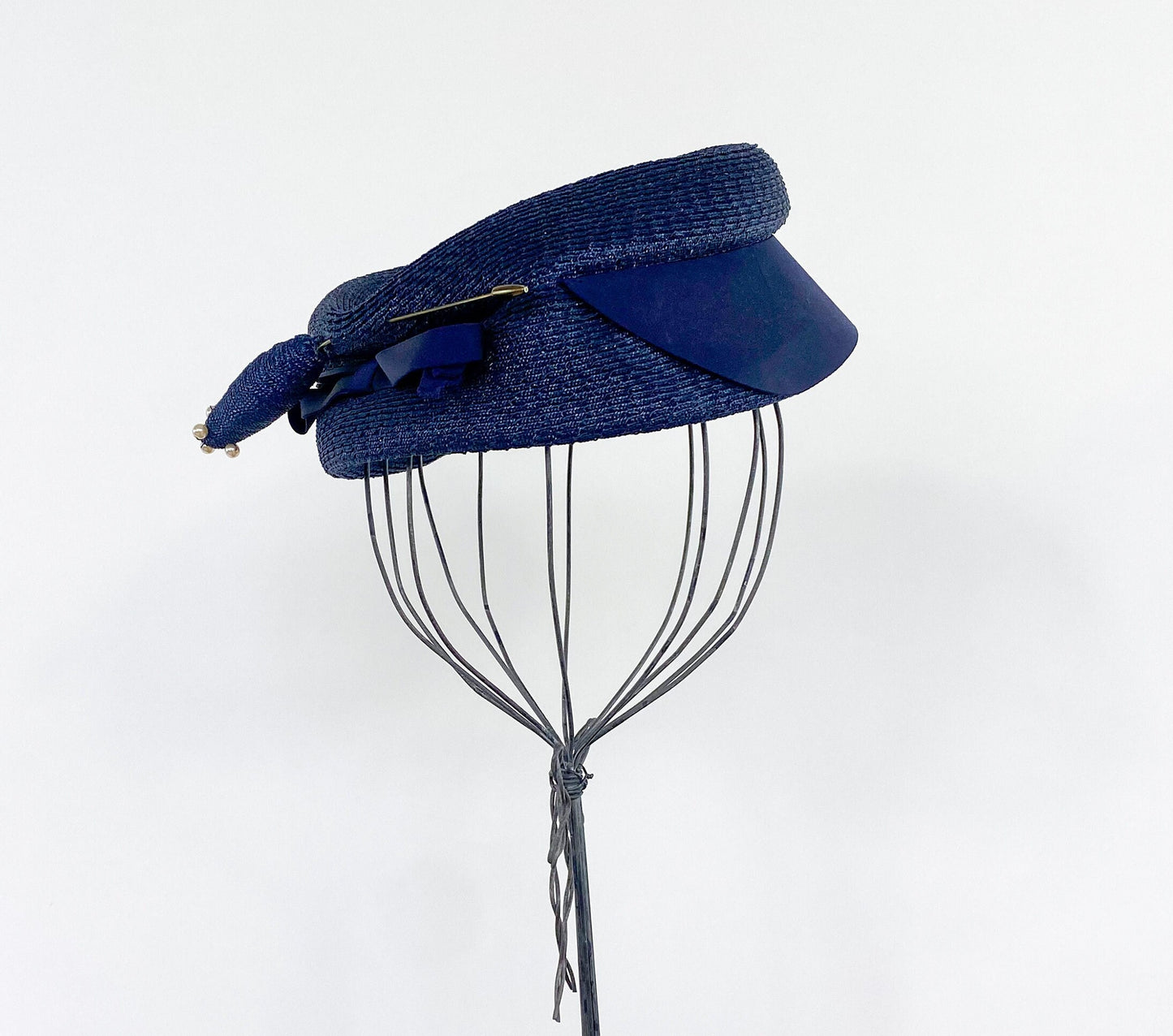 1950s Navy Raffia Pillbox Hat