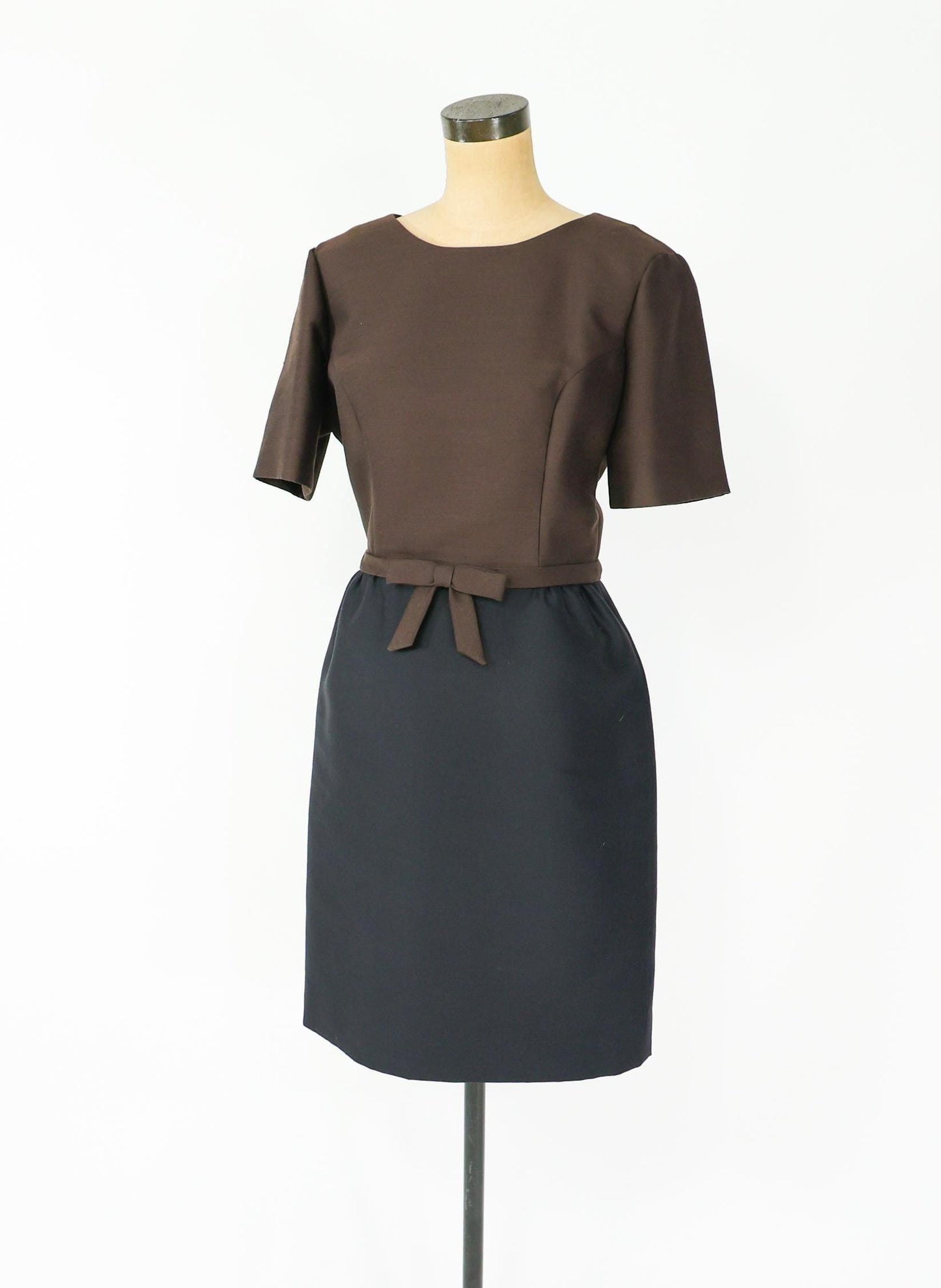 1950s Brown Black Silk Shantung Dress, Large