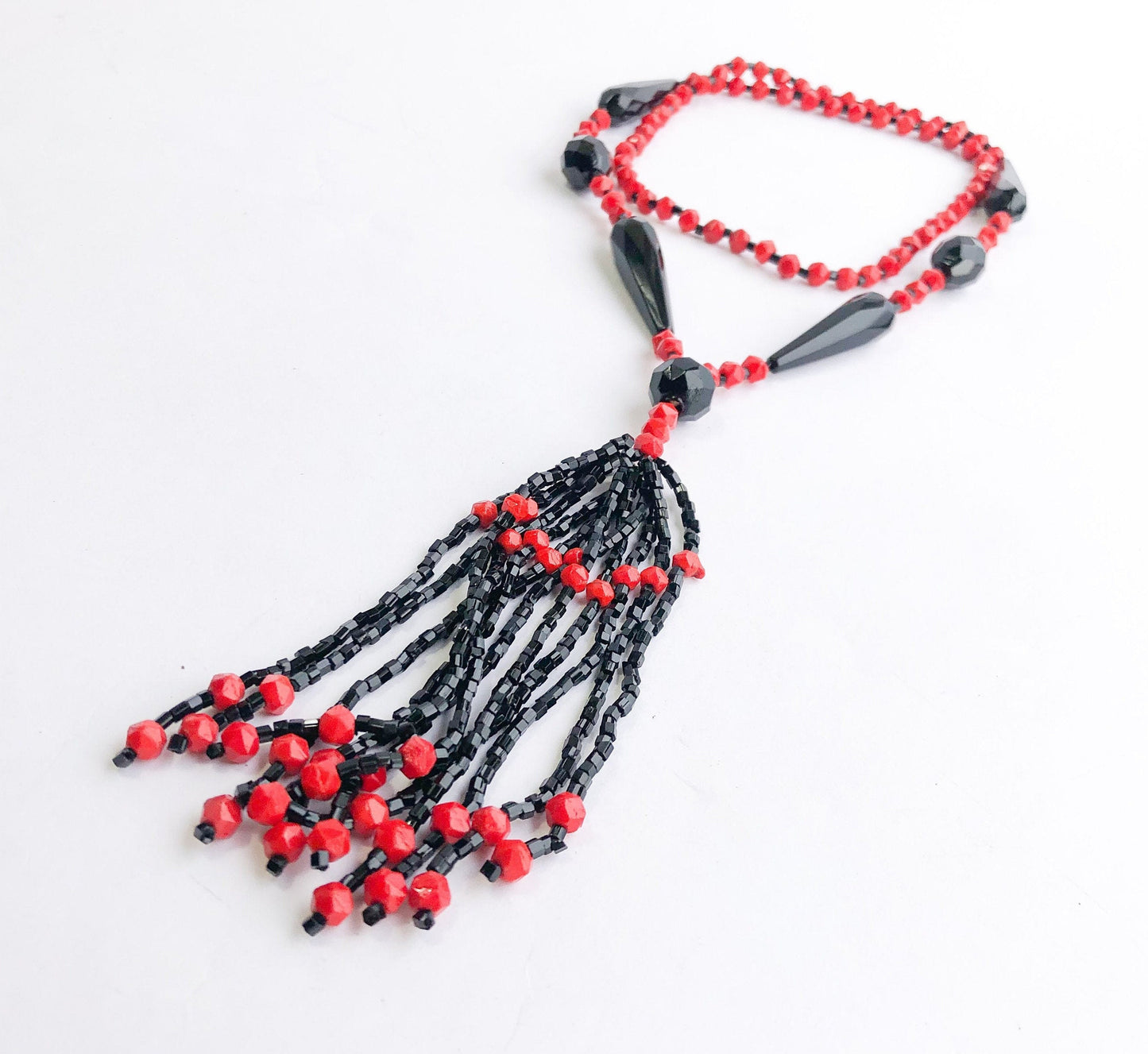 1920s Flapper Necklace | Red & Black Beaded Tassel Rope