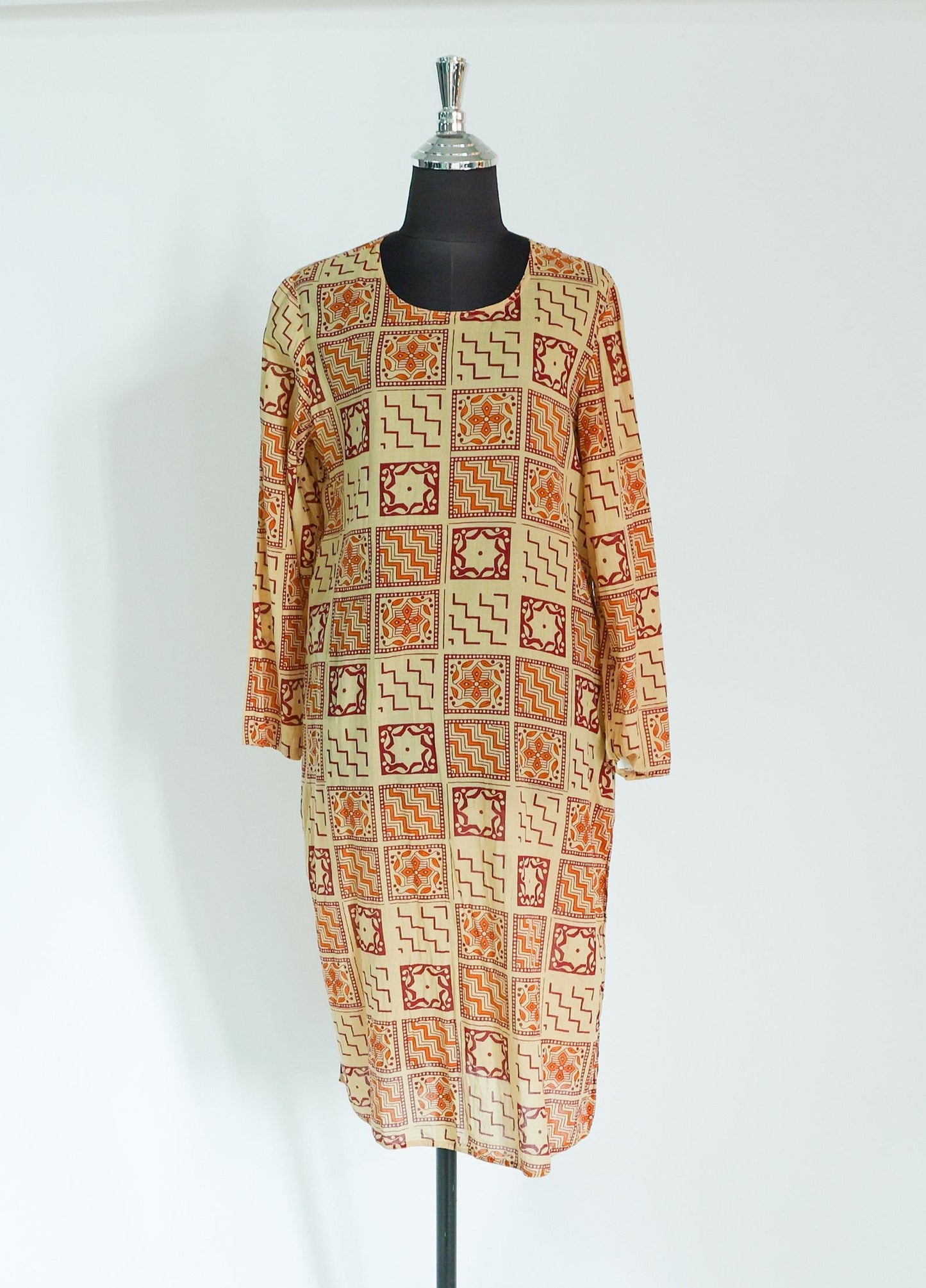 1980s Brown Print Cotton Caftan Tunic Dress, Medium