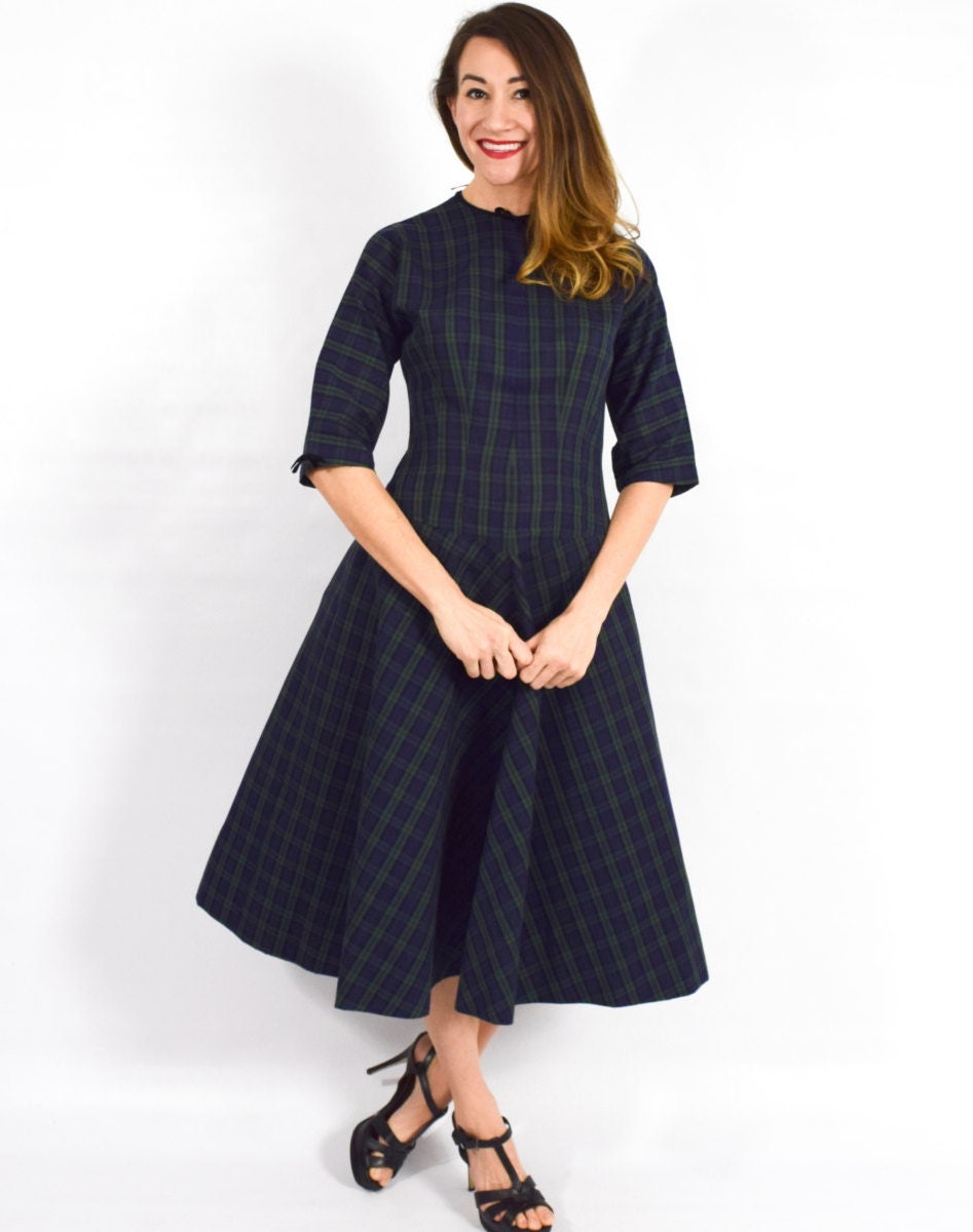 1950s Navy & Green Plaid Cotton Dress, Medium