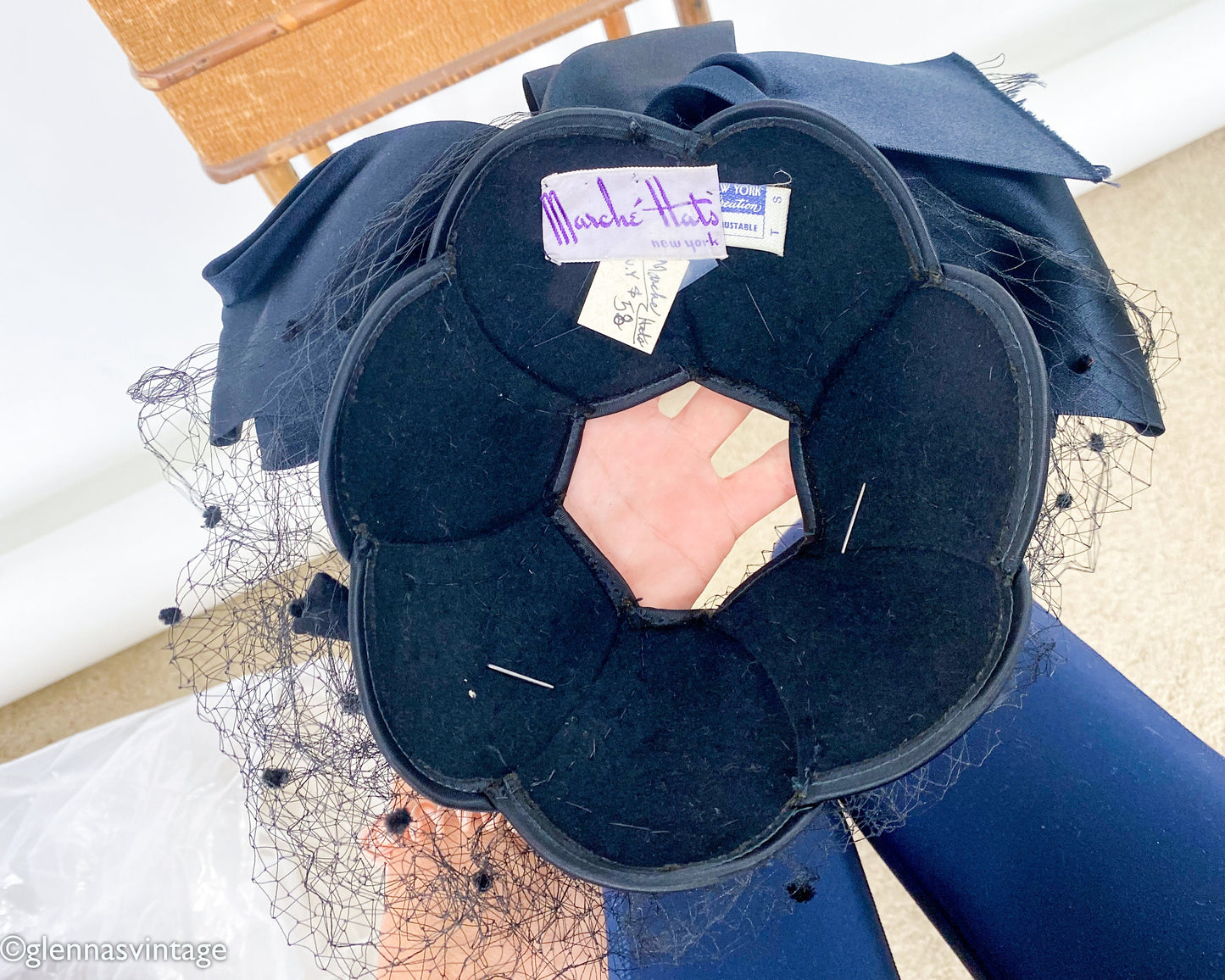 1940s Black Velvet Fascinator with Satin Bow & Netting, Old Hollywood Hat
