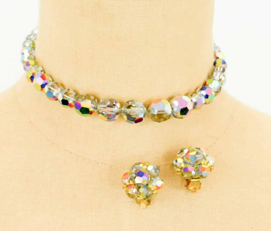 1960s Bronze Aurora Borealis Crystal Necklace & Earrings Set | 60s Gold Faceted Crystal Choker Set