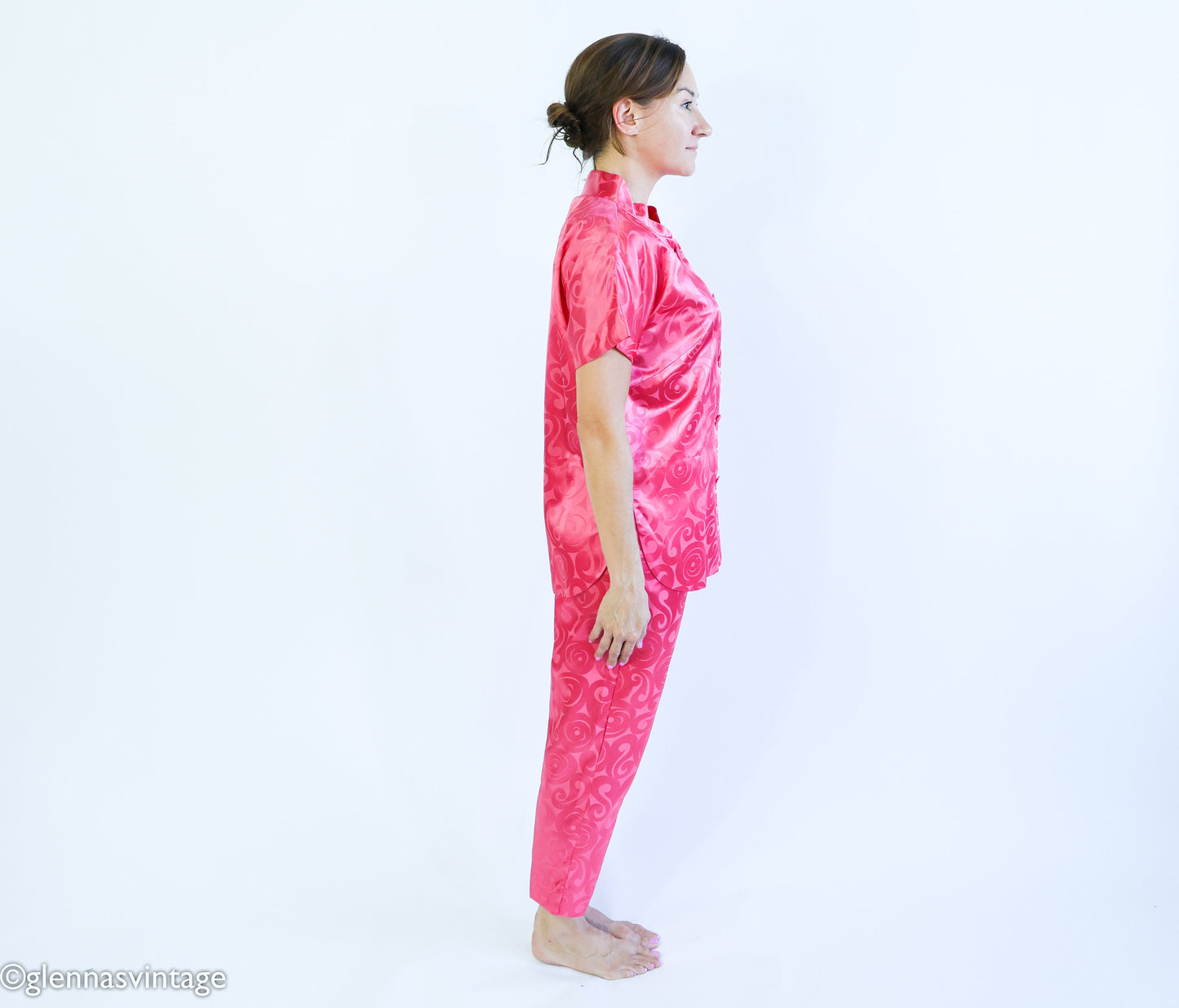 1960s Pink Satin Pajamas, Top & Pants Set, Medium