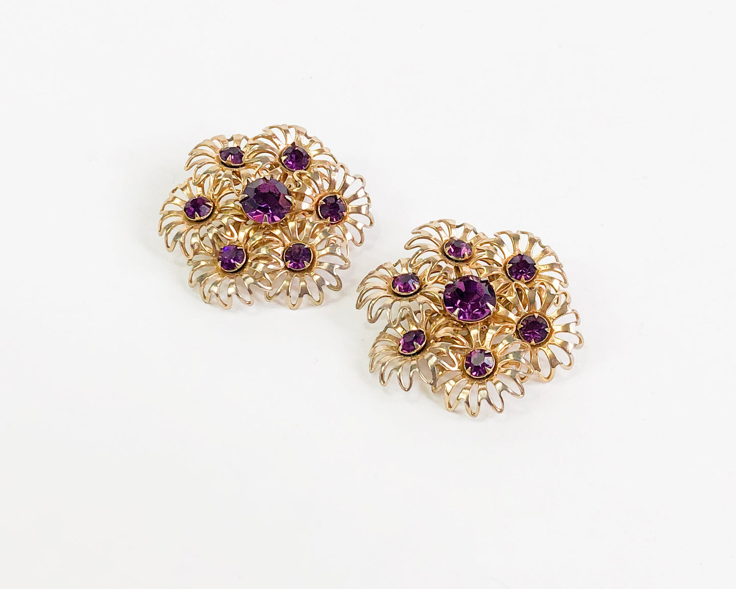 1960s Purple Rhinestone Flower Earrings | 60s Gold & Purple Flower Cluster Clips