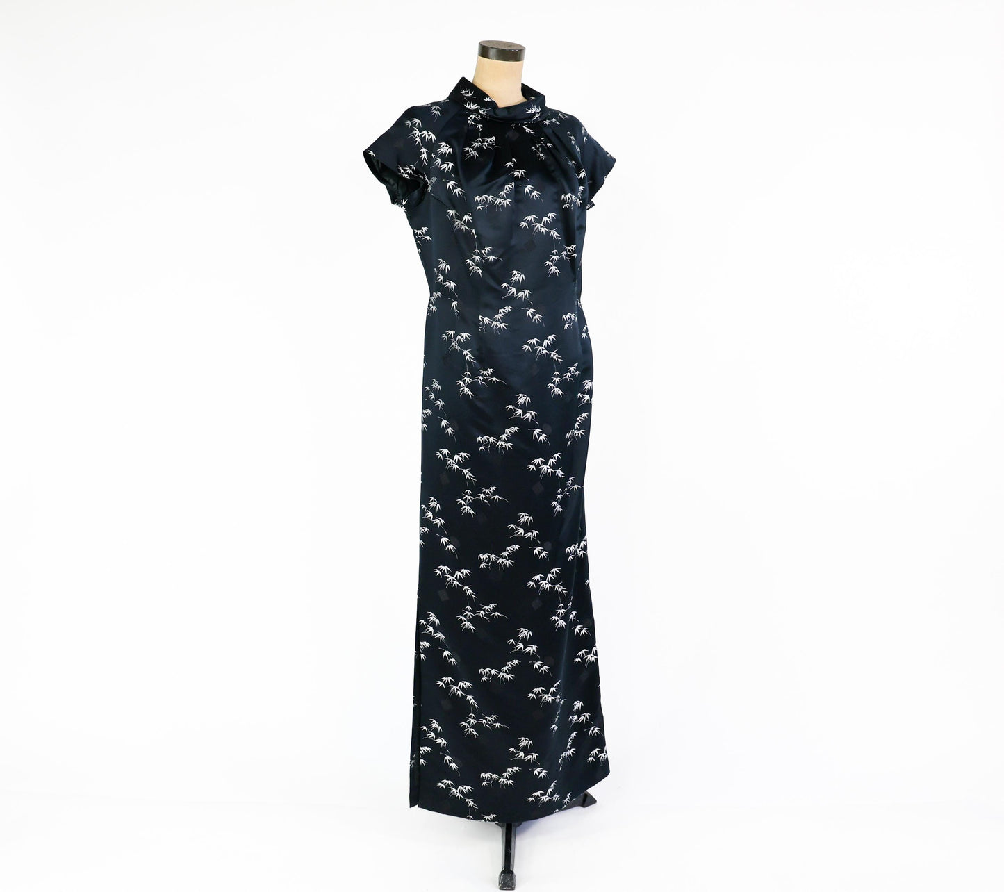 1950s Black & Silver Silk Evening Dress, Long Cheongsam Style Evening Dress, Large